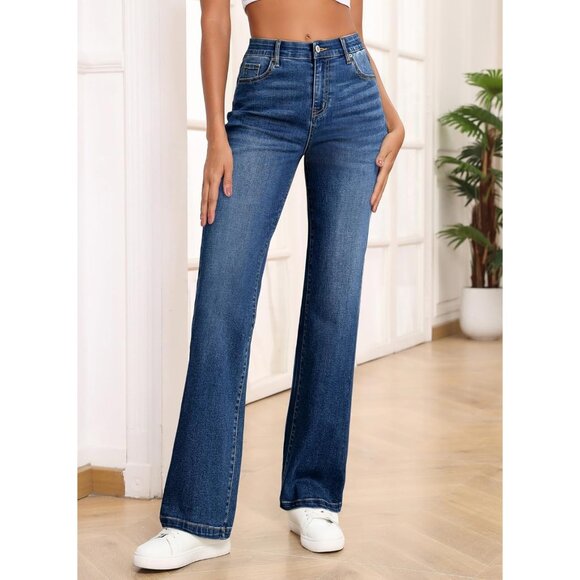 Women's Wide Leg Jeans High Waisted Elastic Waist Straight Leg Denim Pants - Picture 5 of 9